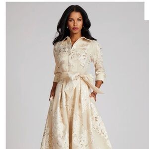 Teri Jon Belted Jacquard Champagne Mother of the Bride Dress